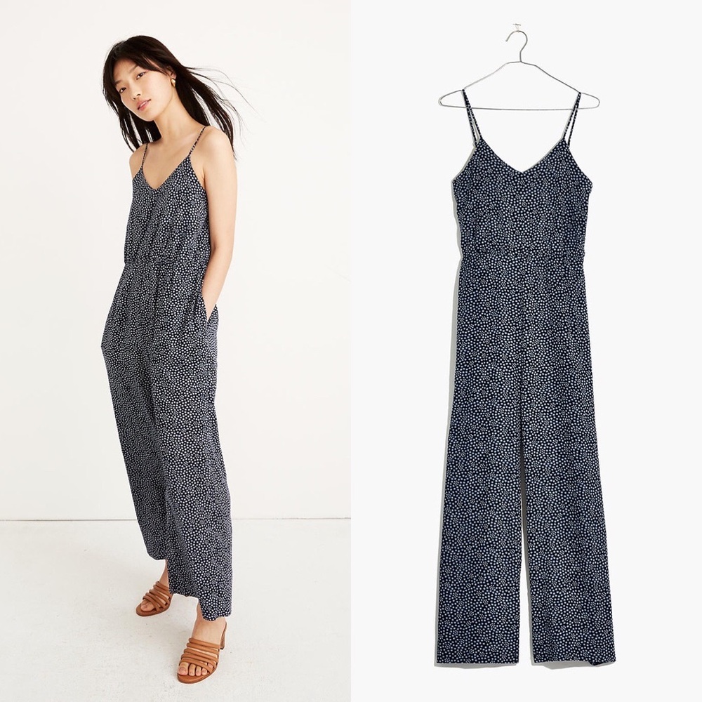 NWT Madewell Wide Leg Sleeveless Jumpsuit Navy Blue White Polka Dot Print